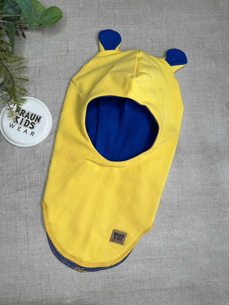 Starpsezonas ķivercepure ar lāča austiņām - Dzeltena ar kobalta oderi.